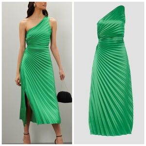 Delfi Collective LEAH Pleated One Shoulder Green Hunter Midi Dress - XS X SMALL